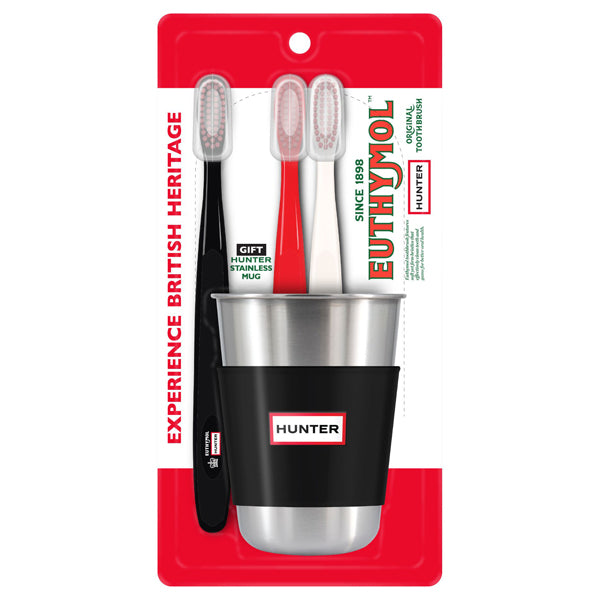 EUTHYMOL Original Toothbrush Stainless Mug Set Hunter, 3 brushes, 1 mug