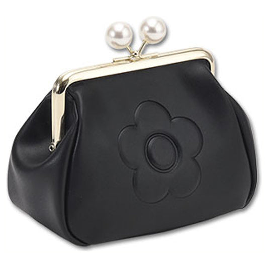 MARY QUANT Embossed Daisy Pearl Clasp Pouch, Black, H11 x W17 x D8.5cm