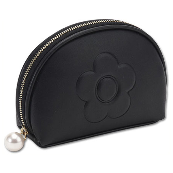 Mary Quant Embossed Daisy Pearl Round Pouch, Black, H10.5×W16×D4.5cm