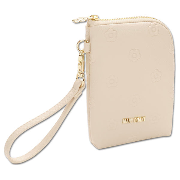 Mary Quant Simple embossed daisy multi-purpose pouch, Beige, H14 x W9 x D2cm, Strap 22cm