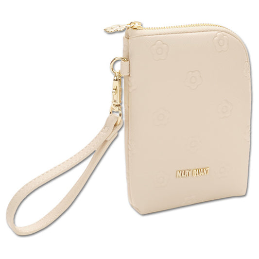 Mary Quant Simple embossed daisy multi-purpose pouch, Beige, H14 x W9 x D2cm, Strap 22cm