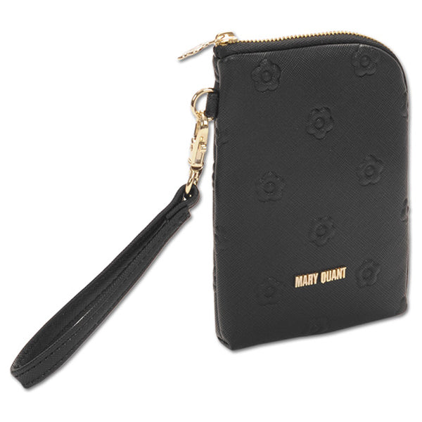 Mary Quant Simple embossed daisy multi-purpose pouch, Black, H14 x W9 x D2cm, Strap 22cm