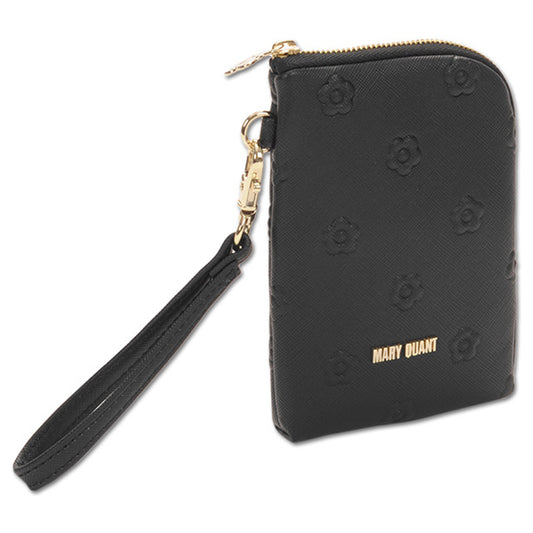 Mary Quant Simple embossed daisy multi-purpose pouch, Black, H14 x W9 x D2cm, Strap 22cm