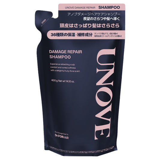 unove Damage Repair Shampoo, Refill, 400ml, Fresh Floral Musk Scent