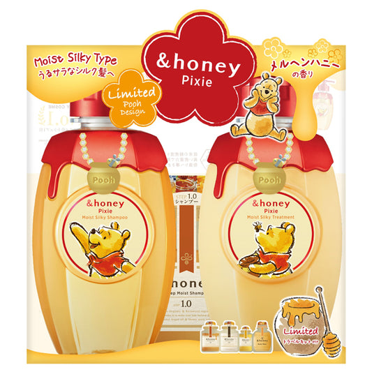 &honey Pixie Moist Silky Shampoo & Hair Treatment Limited Pair Set/Pooh, 440ml+440g +(10ml+10g +3ml+10ml) (Merchen Honey)