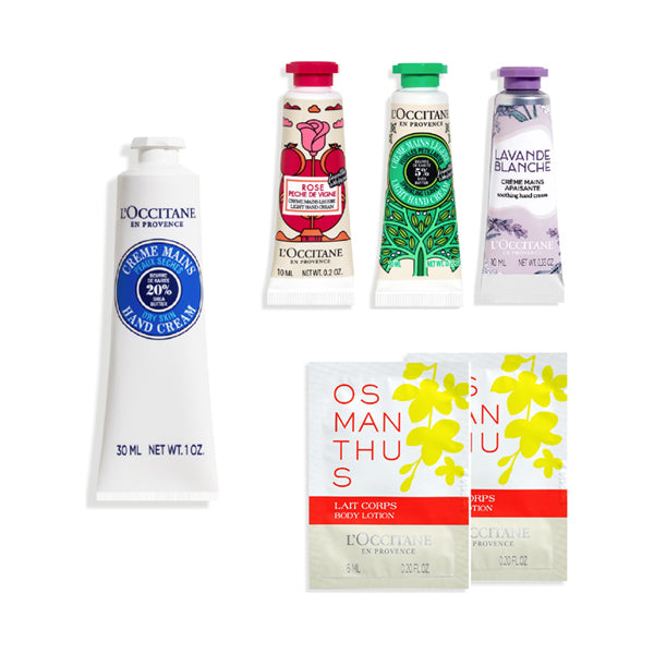 Shea Hand Cream & Mini Hand 3-Piece Set with Body Milk Sachets, 30ml + 10ml + 10ml + 10ml + 6ml x 2