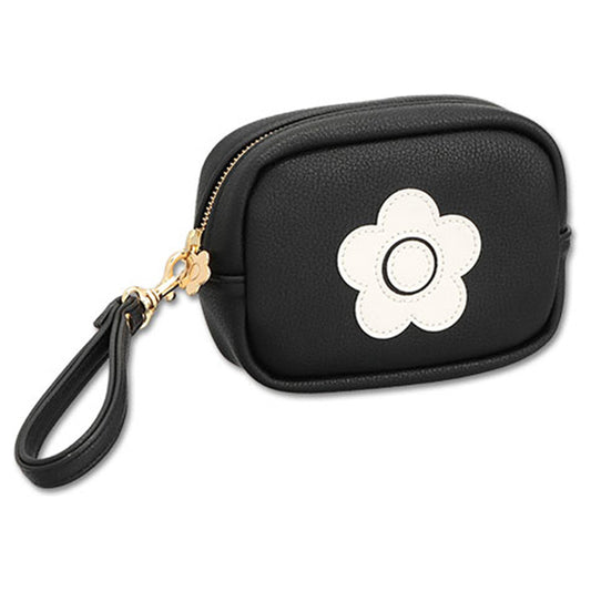 Mary Quant Enamel Icon Daisy Patch Minimal Pouch, Black, H10.5 x W14 x D5cm