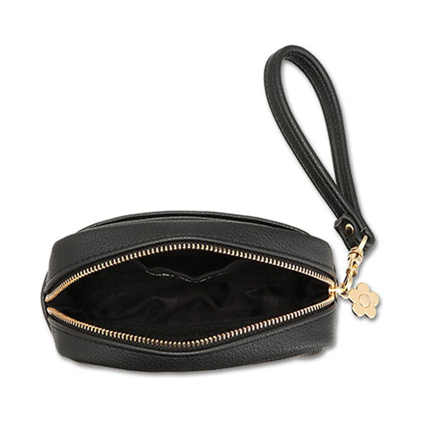 Mary Quant Enamel Icon Daisy Patch Minimal Pouch, Black, H10.5 x W14 x D5cm