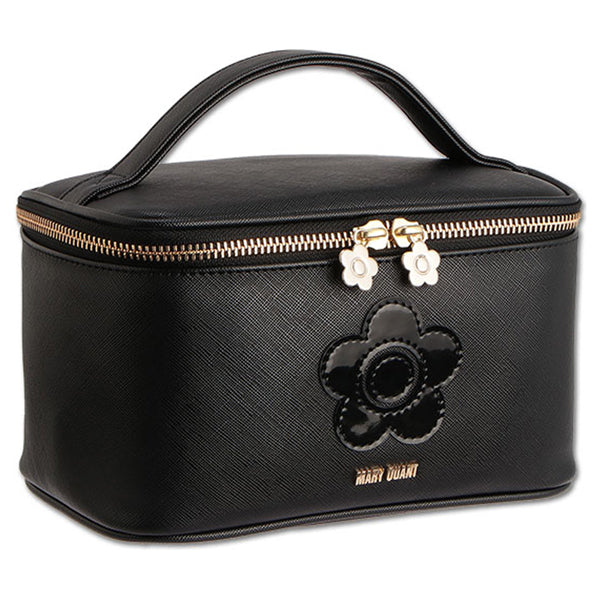 Mary Quant Saffiano Daisy Patch Mirror Vanity, Black, H12.5 x W20 x D12.5cm, Handle Length: 18cm