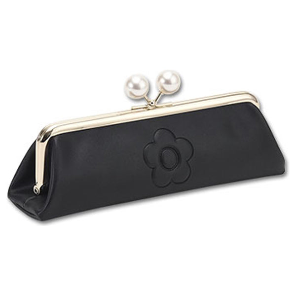 Mary Quant Embossed Daisy Pearl Flap Pen Case, Black, H6.5 x W21 x D5.5cm, Pearl diameter: 1.7cm