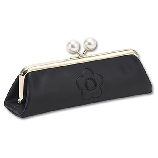 Mary Quant Embossed Daisy Pearl Flap Pen Case, Black, H6.5 x W21 x D5.5cm, Pearl diameter: 1.7cm