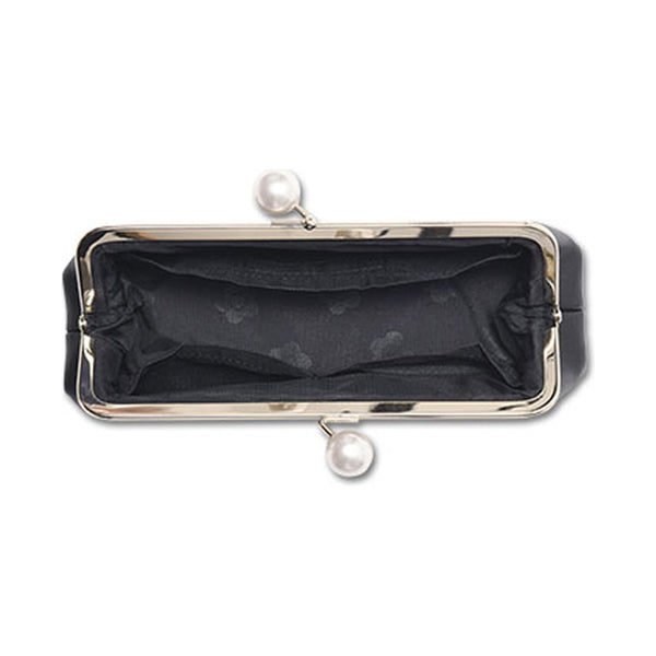 Mary Quant Embossed Daisy Pearl Flap Pen Case, Black, H6.5 x W21 x D5.5cm, Pearl diameter: 1.7cm