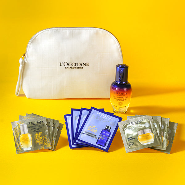 L'OCCITANE Immortelle Overnight Reset Serum & Skincare Trial Set with Pouch, 30ml