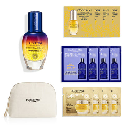 L'OCCITANE Immortelle Overnight Reset Serum & Skincare Trial Set with Pouch, 30ml