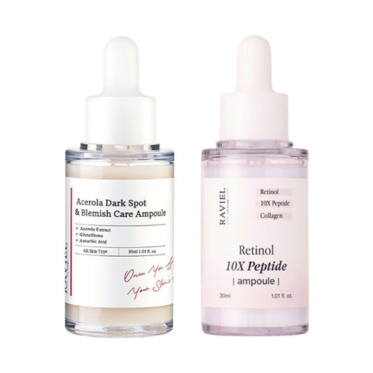 RAVIEL Acerola Dark Spot & Blemish Care Serum Ampoule + Retinol 10X Peptide Ampoule Set, 30ml