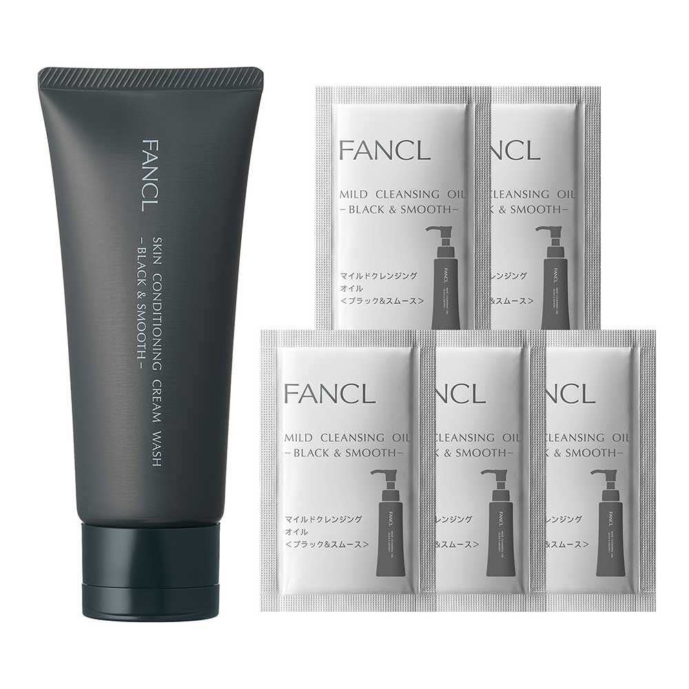 FANCL Skin Conditioning Face Wash Black & Smooth Set with Mild Cleansing Oil Black Samples, 90g